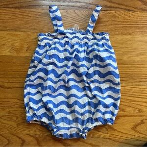 Primary blue and white smocked romper size 12-18 months